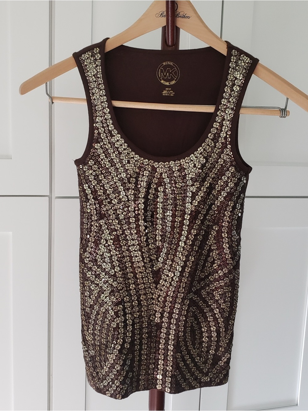 Michael Kors Brown Tank with Gold‎ Sequin Swirls